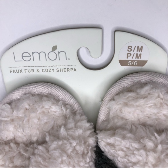 LEMON Gray Faux Fur & Creme Faux Sherpa Slippers Crisscross Style Sz S/M 5-6 - Picture 2 of 10